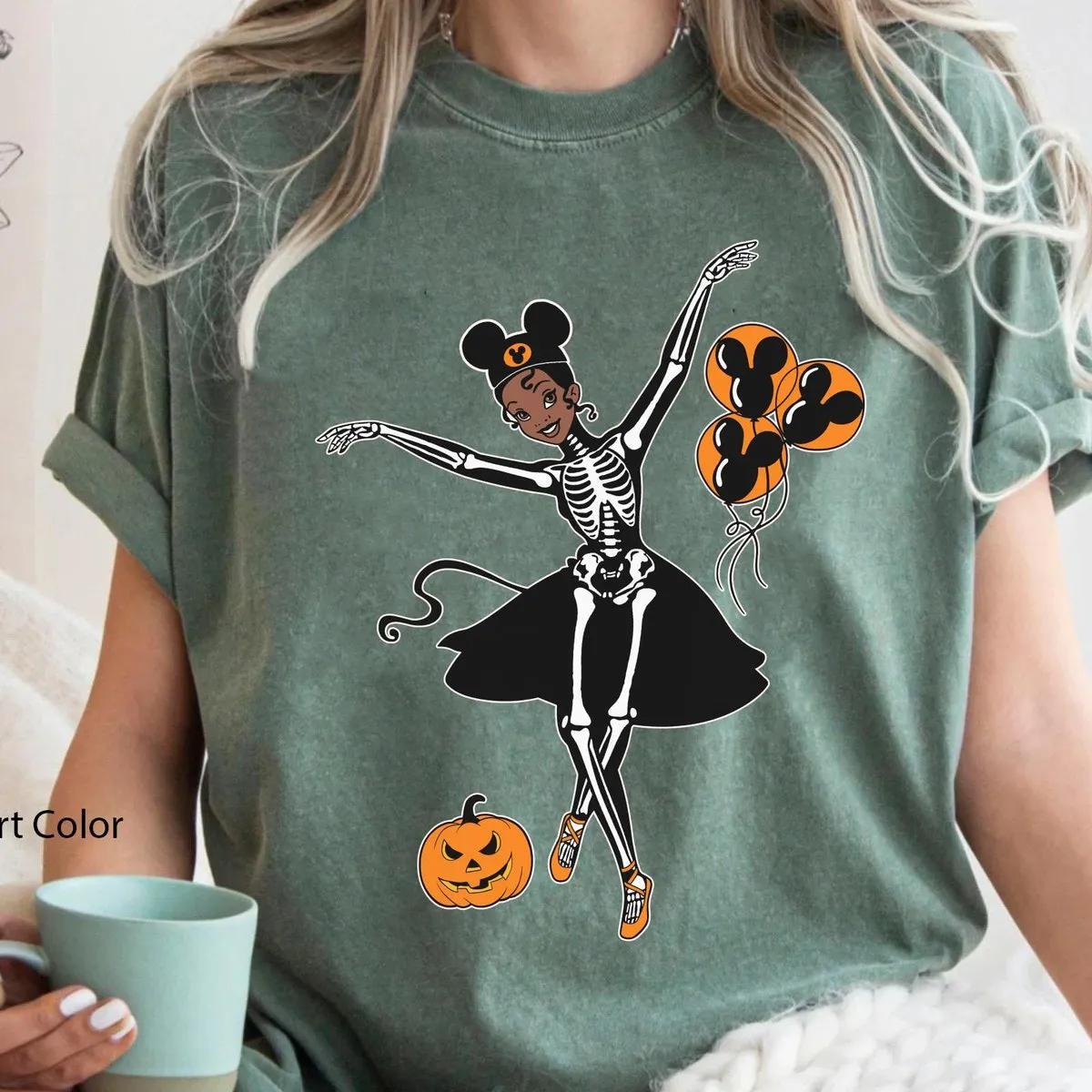 Tiana Princess Skeleton Costume with Halloween Balloon Pumpkin Shirt 5