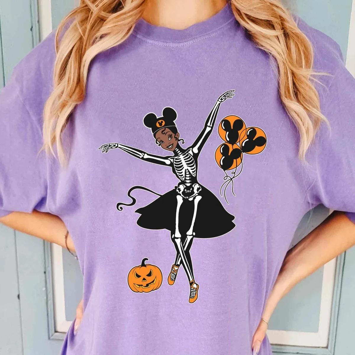 Tiana Princess Skeleton Costume with Halloween Balloon Pumpkin Shirt 6