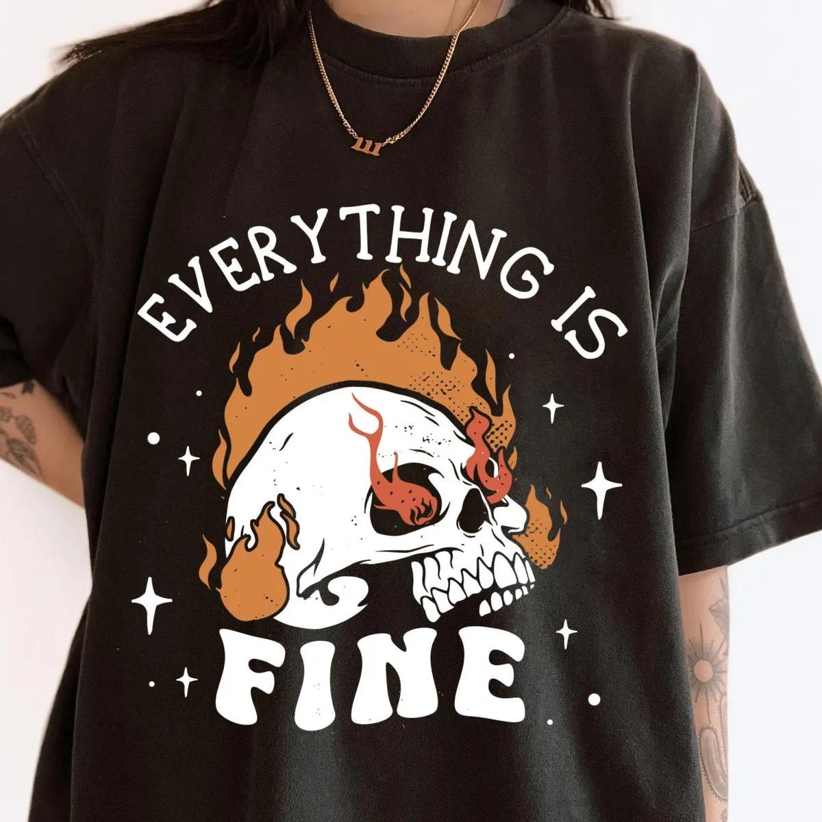 Vintage Skeleton Skull Fire Everything Is Fine Halloween Shirt 2