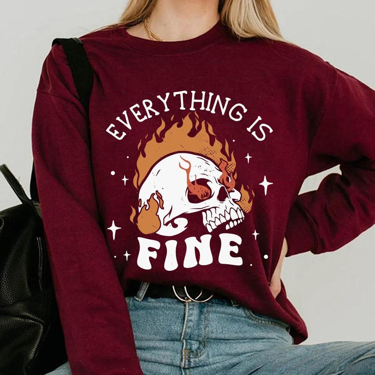 Vintage Skeleton Skull Fire Everything Is Fine Halloween Shirt 6