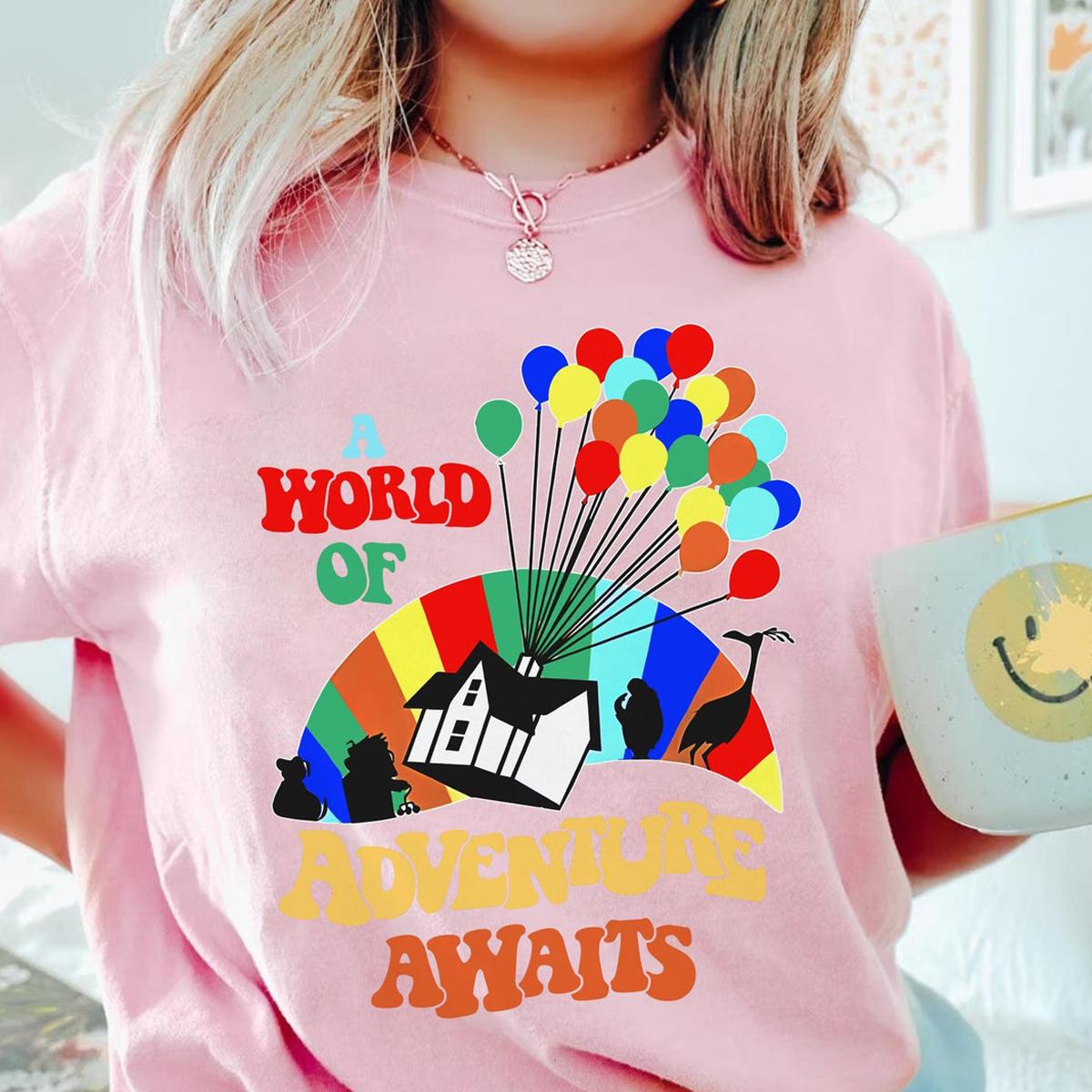 A World Of Adventure Awaits Carl Kevin Dug Russell Rainbow House Balloons Shirt 3