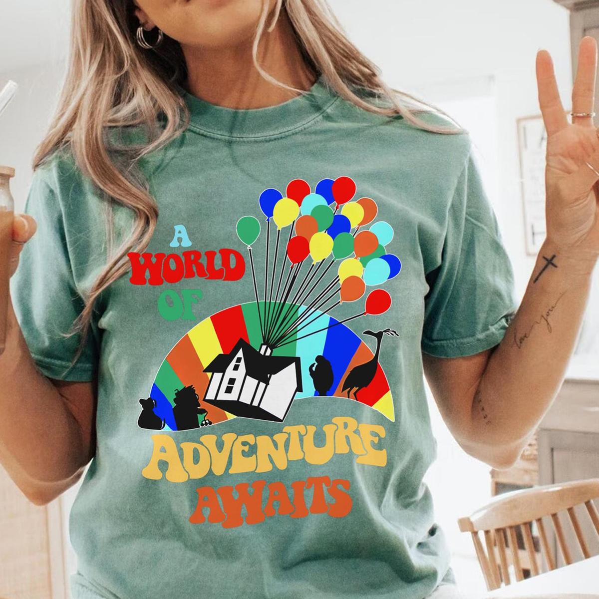 A World Of Adventure Awaits Carl Kevin Dug Russell Rainbow House Balloons Shirt 4