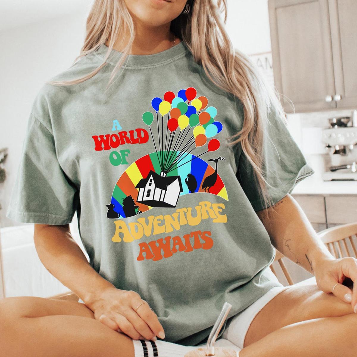 A World Of Adventure Awaits Carl Kevin Dug Russell Rainbow House Balloons Shirt 7