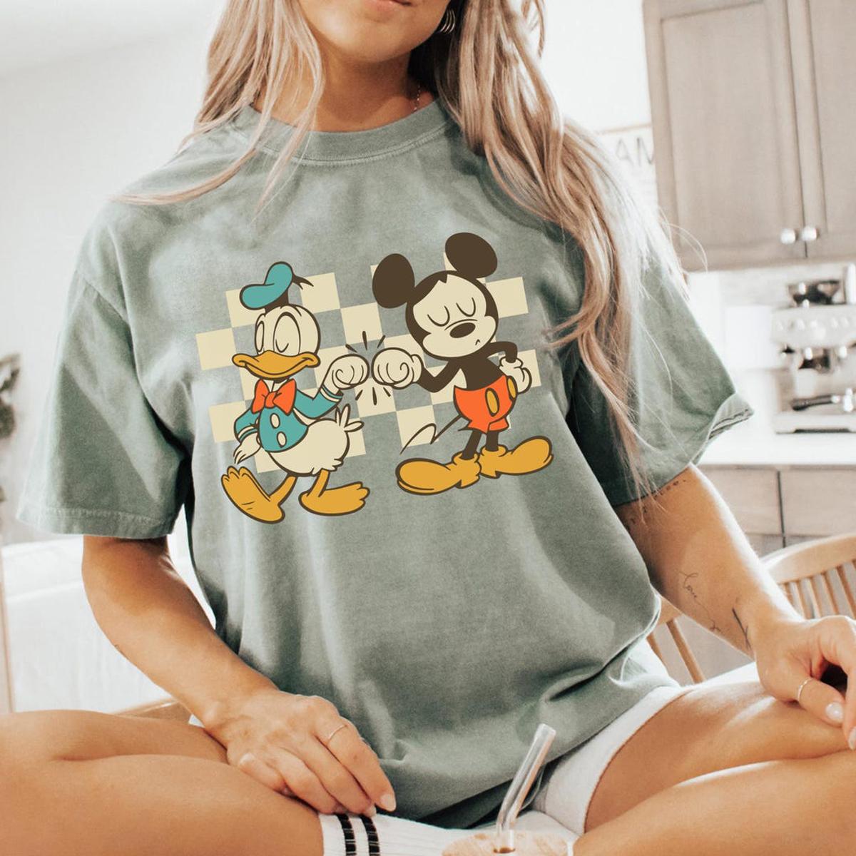 Checkered Mickey Mouse And Donald Duck Fist Bump Shirt 3