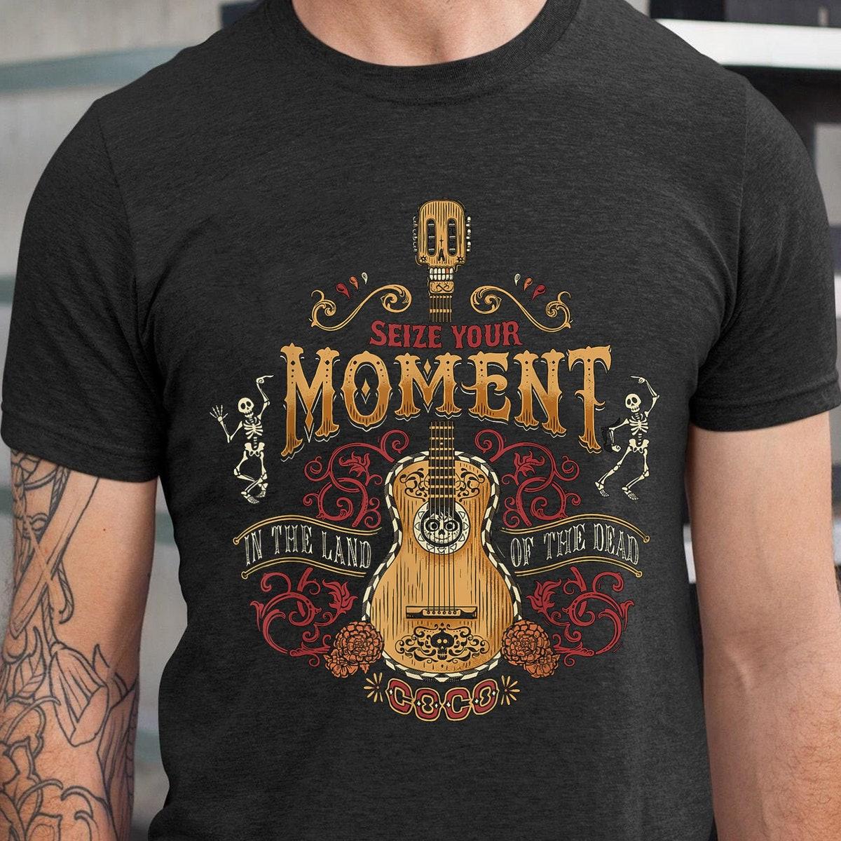 Coco Distressed Guitar Skeleton Floral Seize Your Moment Shirt 1