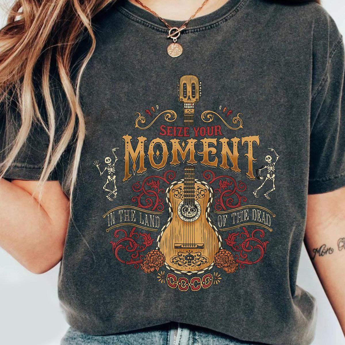 Coco Distressed Guitar Skeleton Floral Seize Your Moment Shirt 3