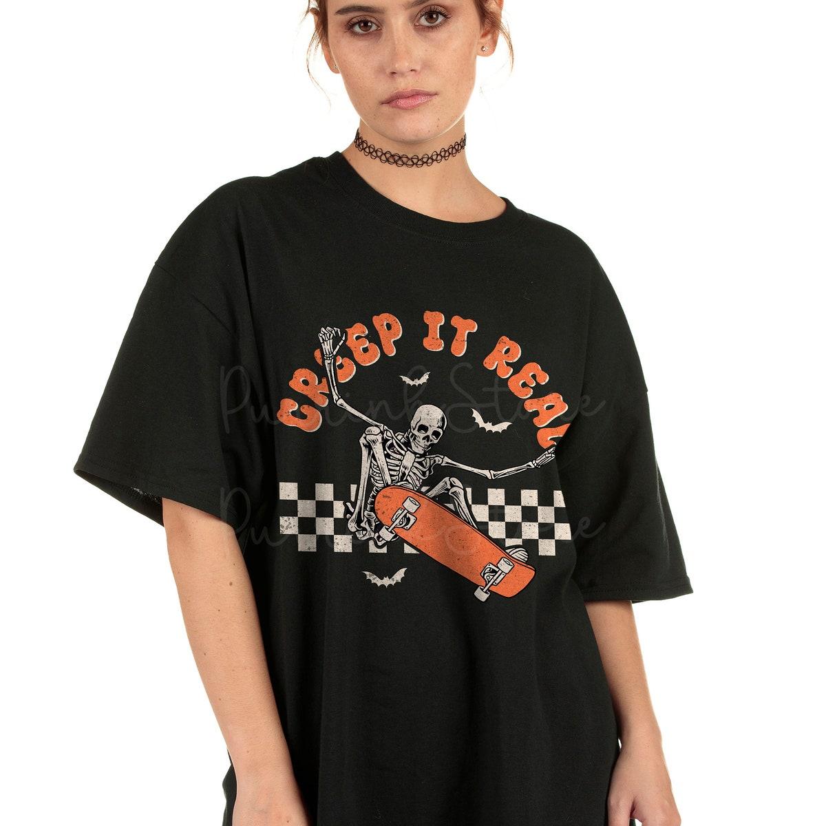 Creep It Real Skeleton Skateboard Checkered Halloween Matching Shirt 2