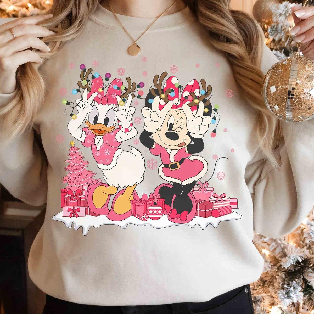 Daisy And Minnie Besties Reindeer Pink Christmas Light Shirt 2