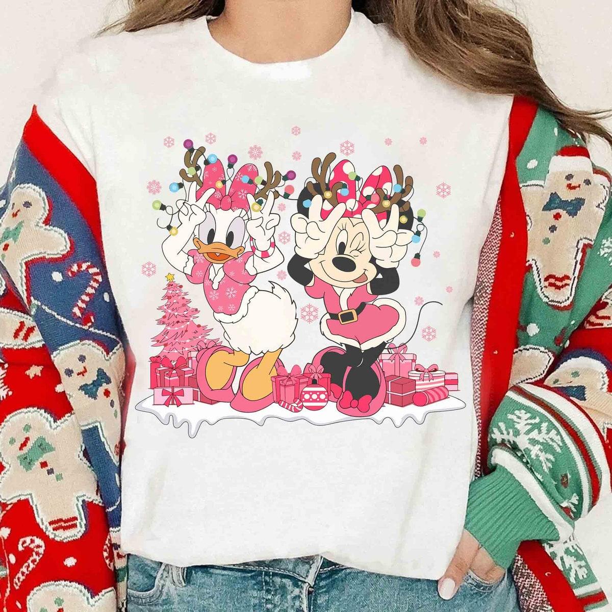 Daisy And Minnie Besties Reindeer Pink Christmas Light Shirt 3