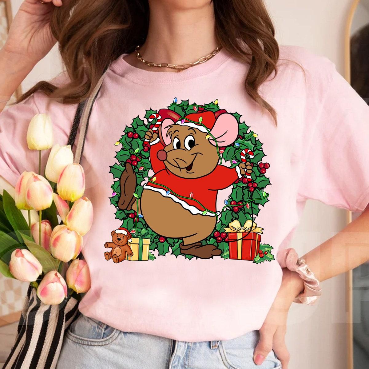 Disney Cinderella Jaq And Gus Christmas Wreath Lights Shirt 2