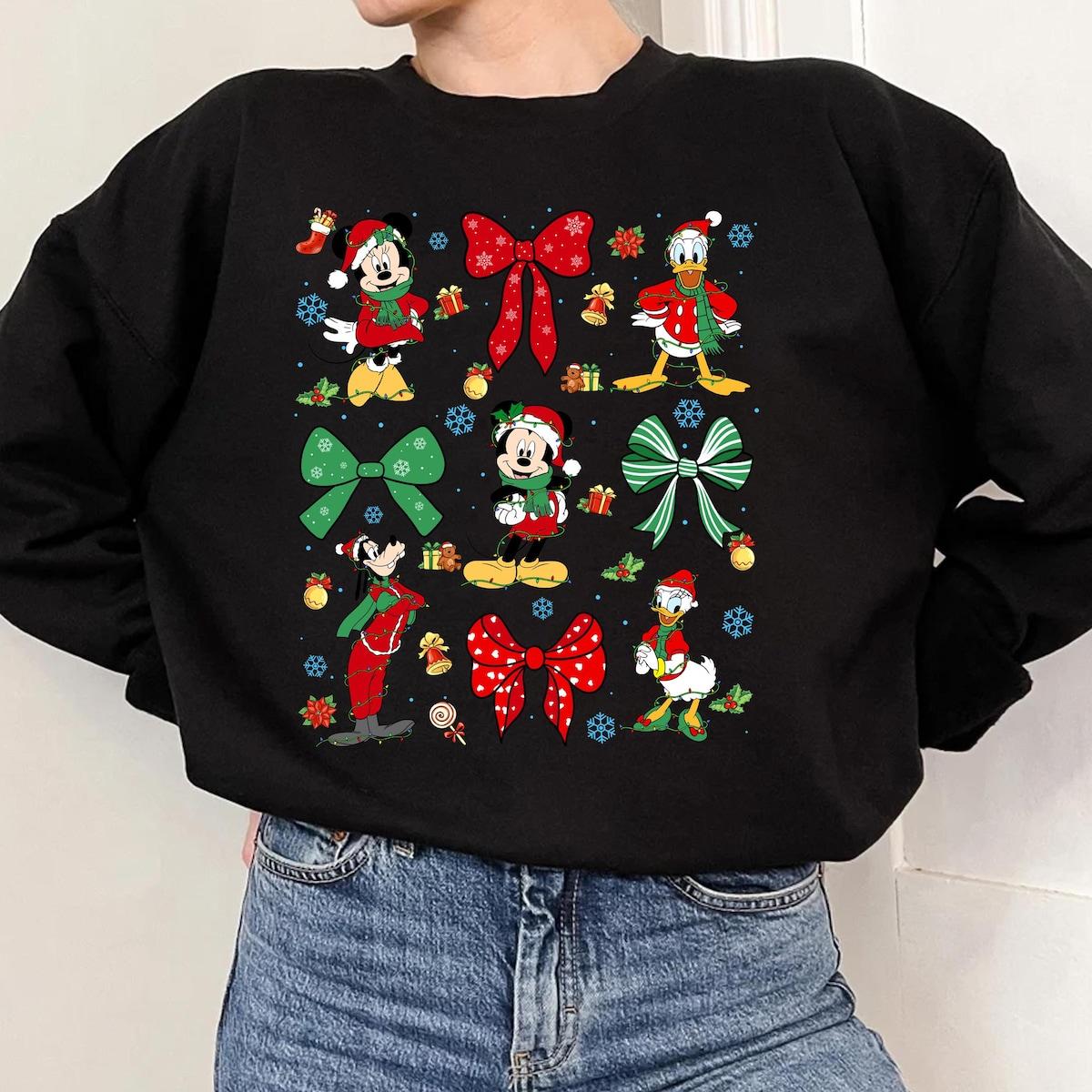 Disney Mickey And Friends Coquette Bows Christmas Lights Shirt 1