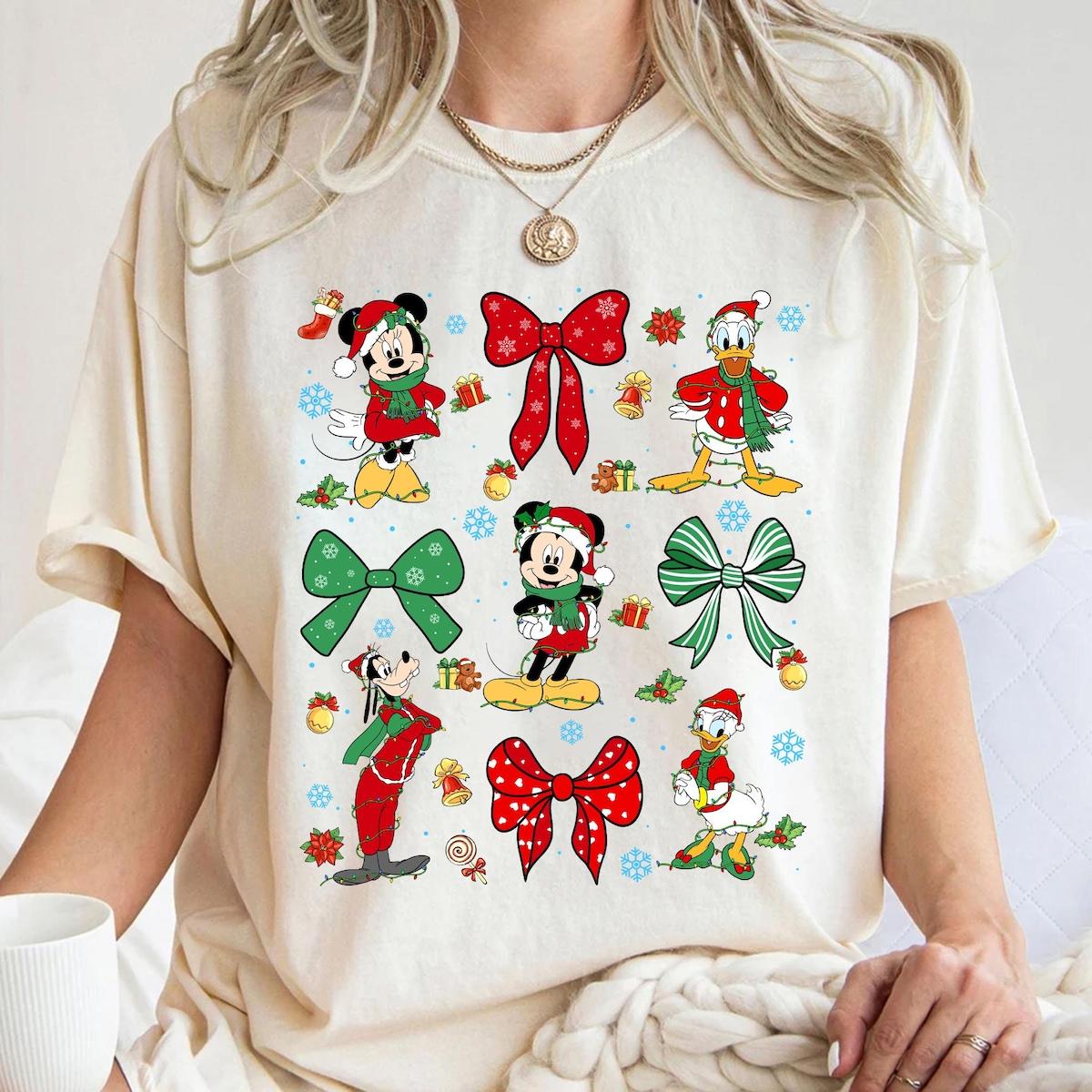 Disney Mickey And Friends Coquette Bows Christmas Lights Shirt 2