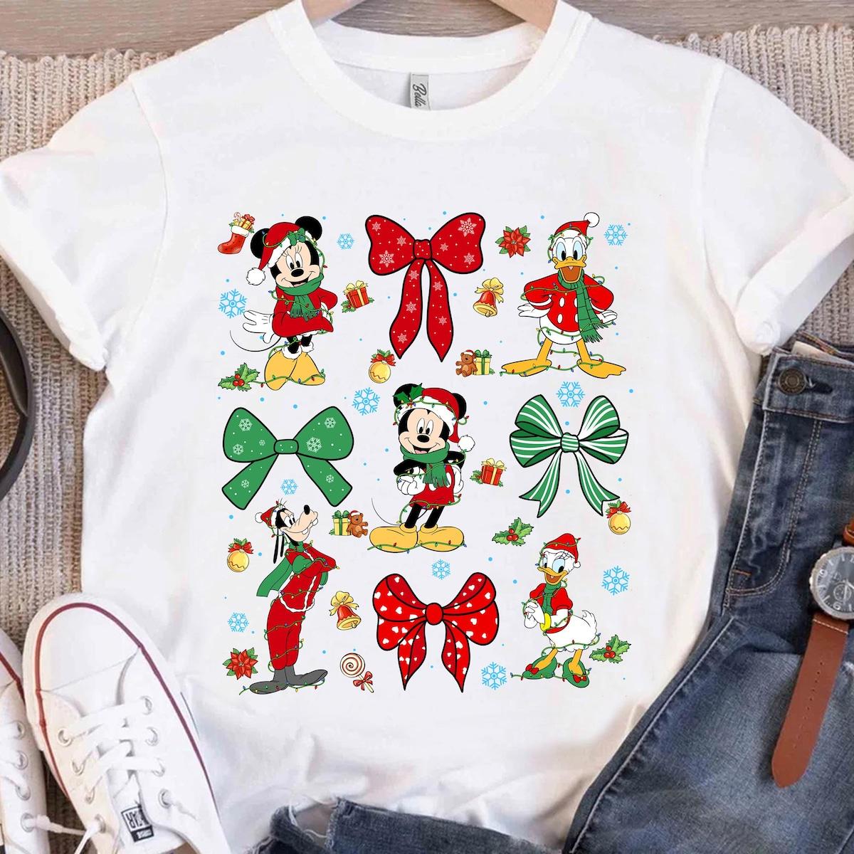 Disney Mickey And Friends Coquette Bows Christmas Lights Shirt 3