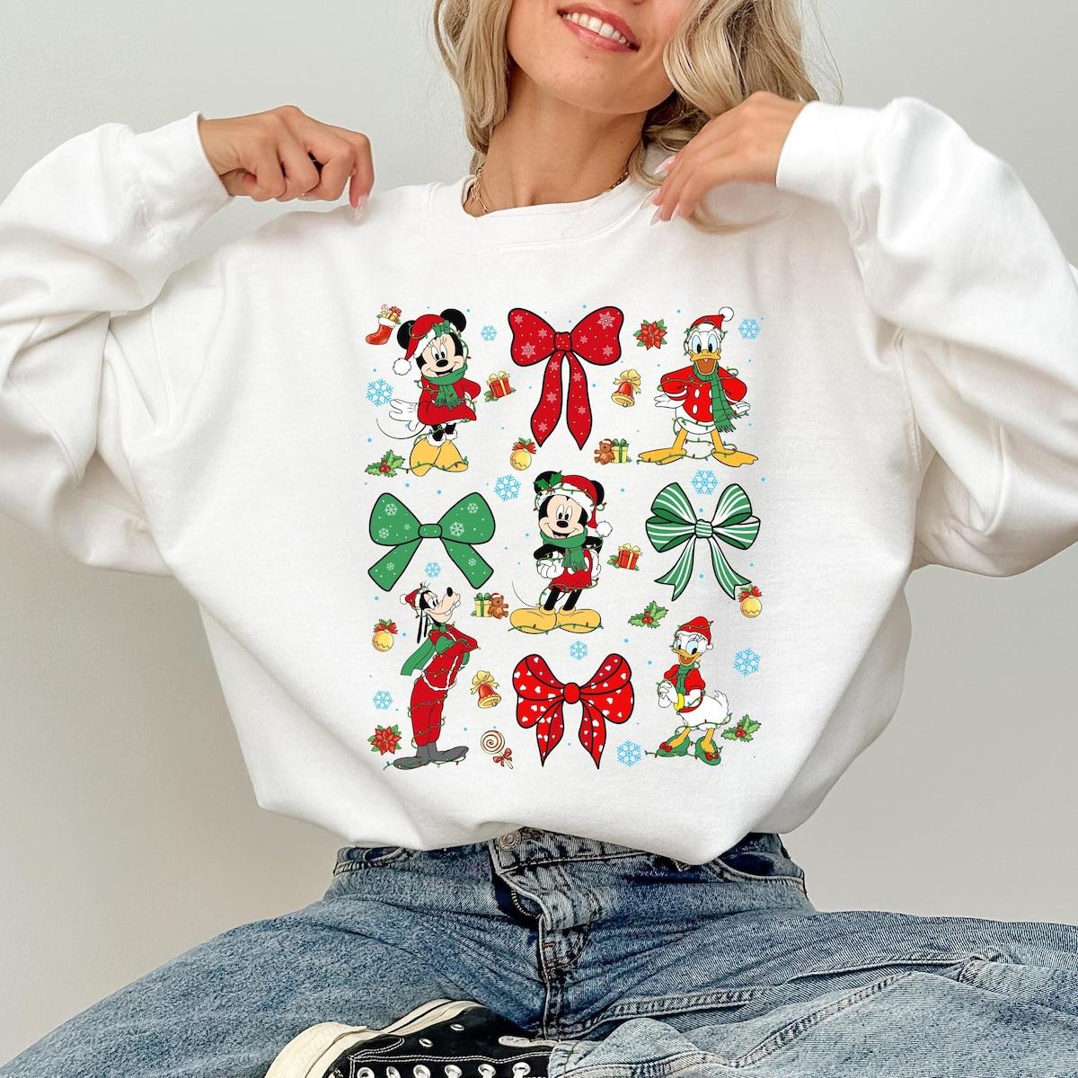 Disney Mickey And Friends Coquette Bows Christmas Lights Shirt 4