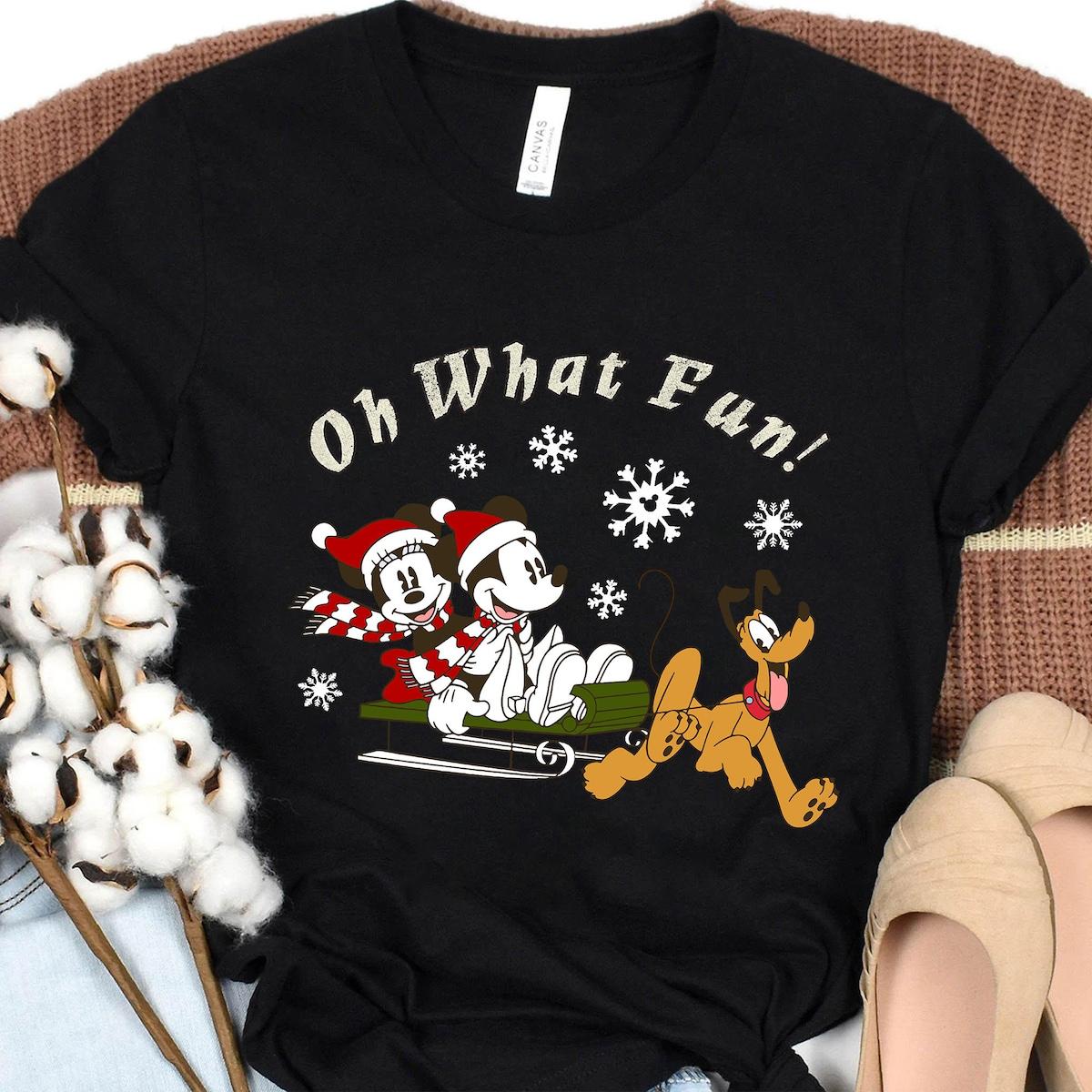 Disney Mickey Minnie And Pluto Oh What Fun Christmas Sled Shirt 1