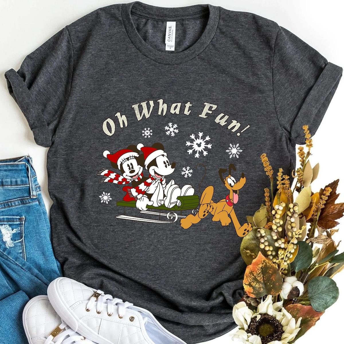 Disney Mickey Minnie And Pluto Oh What Fun Christmas Sled Shirt 3