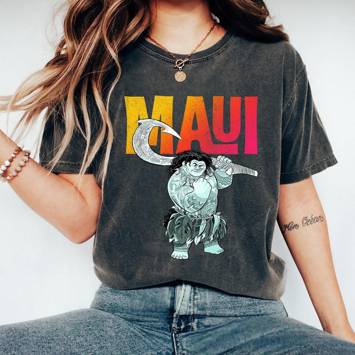 Disney Moana Maui Gradient Text Tough Pose Portrait Shirt 1