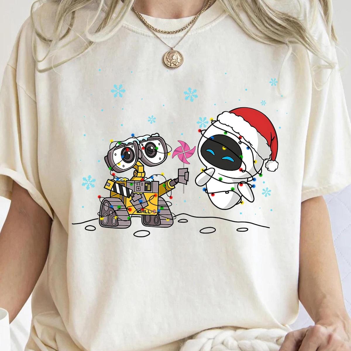 Disney Pixar Wall e And Eve Christmas Lights Santa Costume Shirt 1