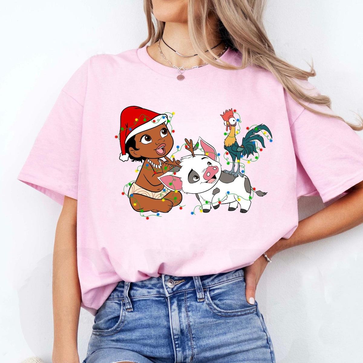 Disney Santa Moana Hei Hei Rooster And Pua Christmas Lights Shirt 2