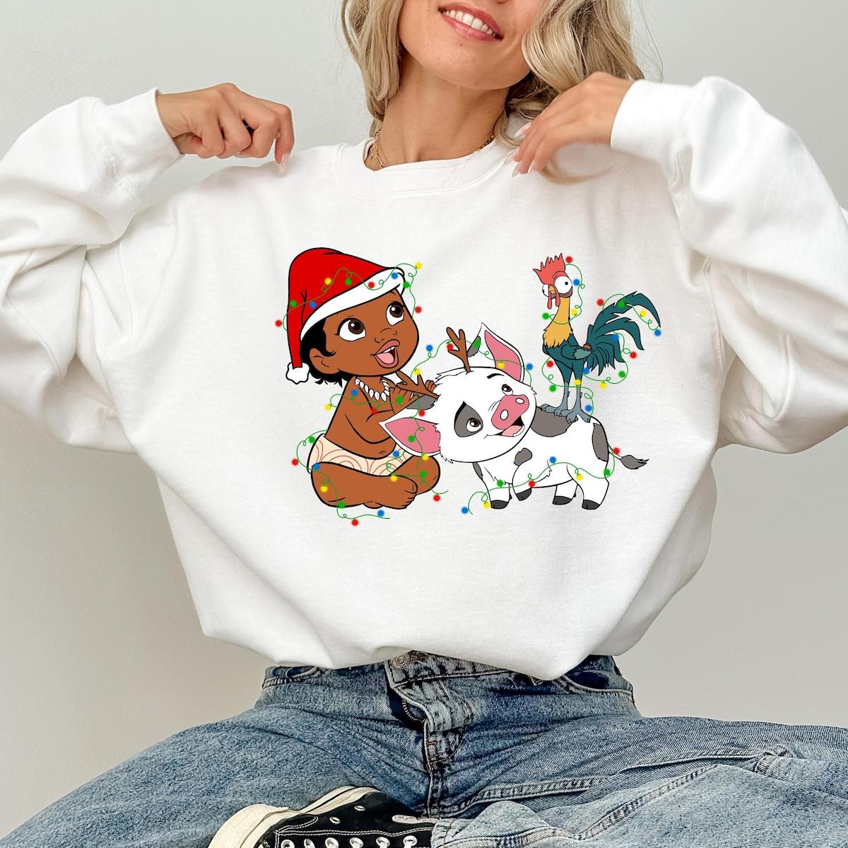 Disney Santa Moana Hei Hei Rooster And Pua Christmas Lights Shirt 4