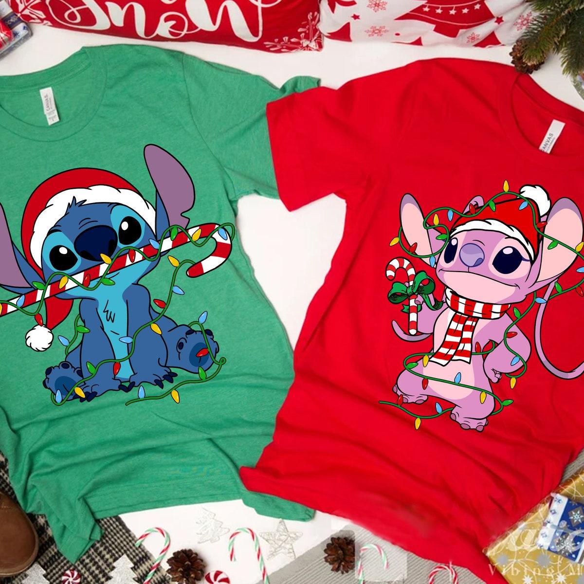 Disney Santa Stitch And Angel Christmas Lights Shirt 1