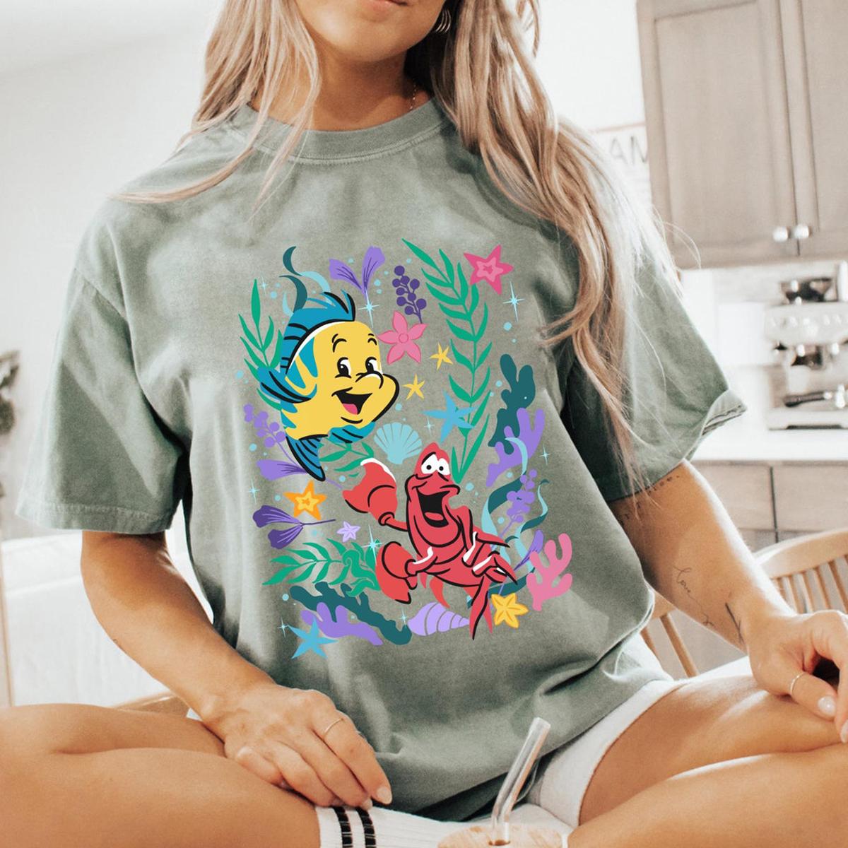 Flounder And Sebastian Floral Under The Sea Shirt 7