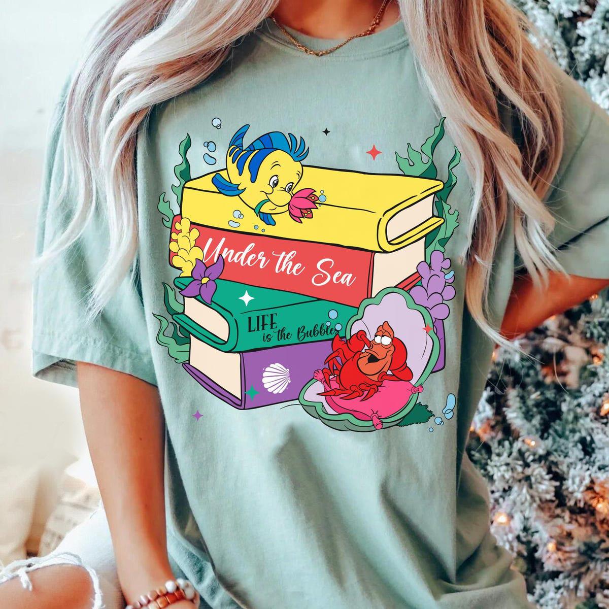 Flounder And Sebastian With Books Disney The Little Mermaid Shirt 2