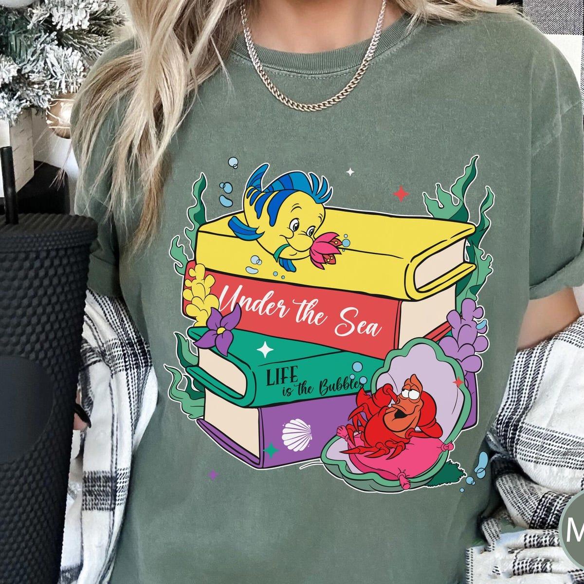 Flounder And Sebastian With Books Disney The Little Mermaid Shirt 3