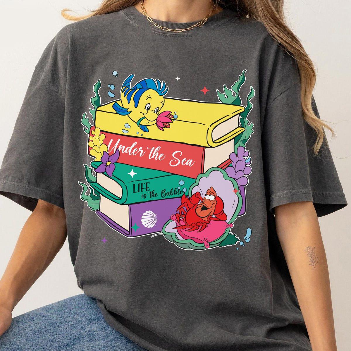 Flounder And Sebastian With Books Disney The Little Mermaid Shirt 4