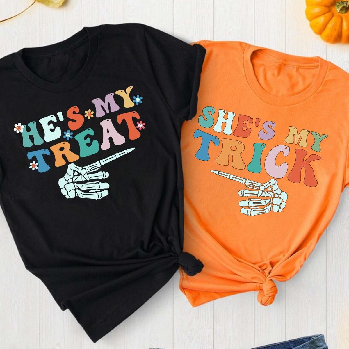 He's My Treat She's My Trick Halloween Skeleton Hands Shirt 1