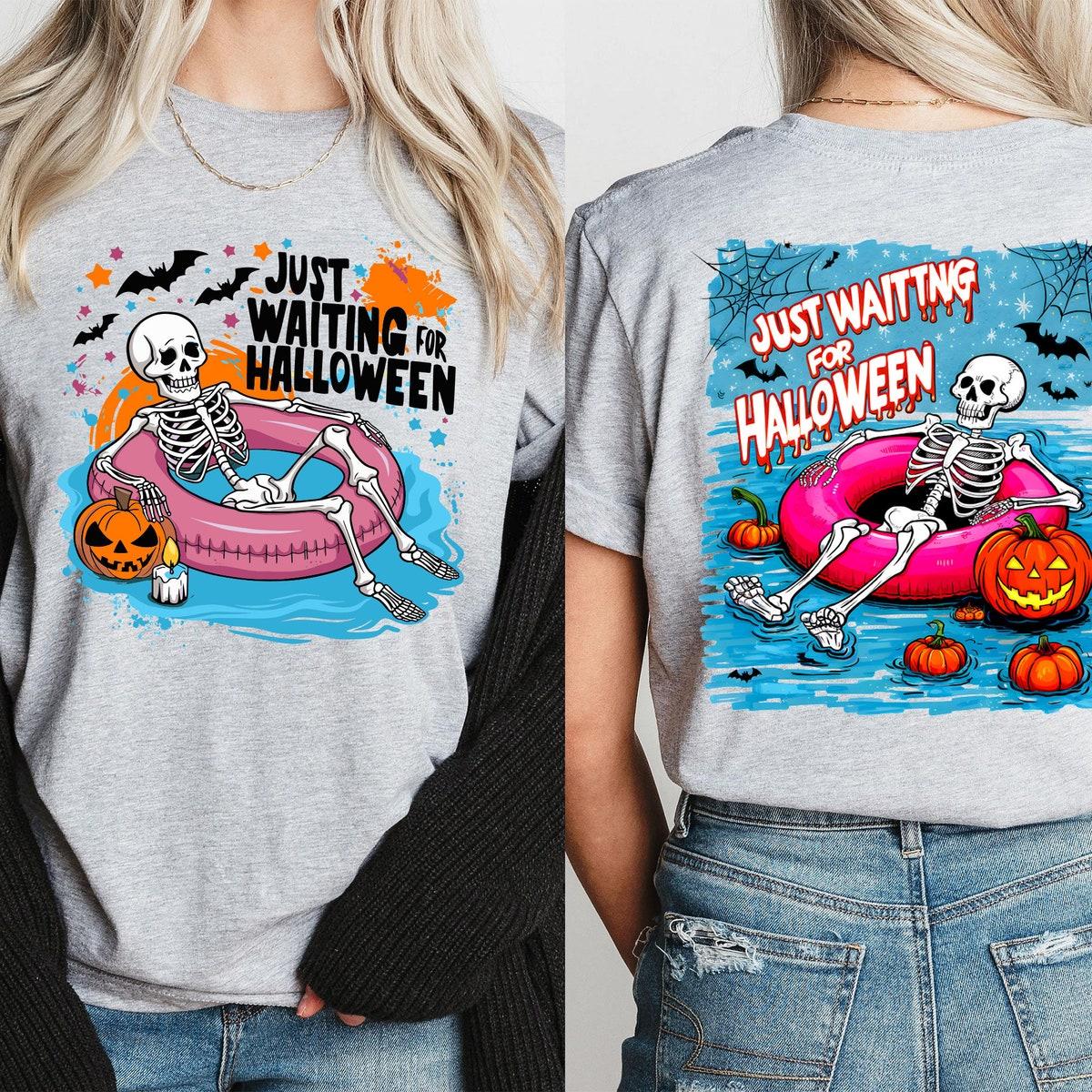 Just Waiting For Halloween Theme Skeleton Shirt 1