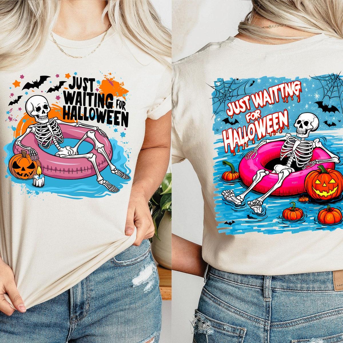 Just Waiting For Halloween Theme Skeleton Shirt 2