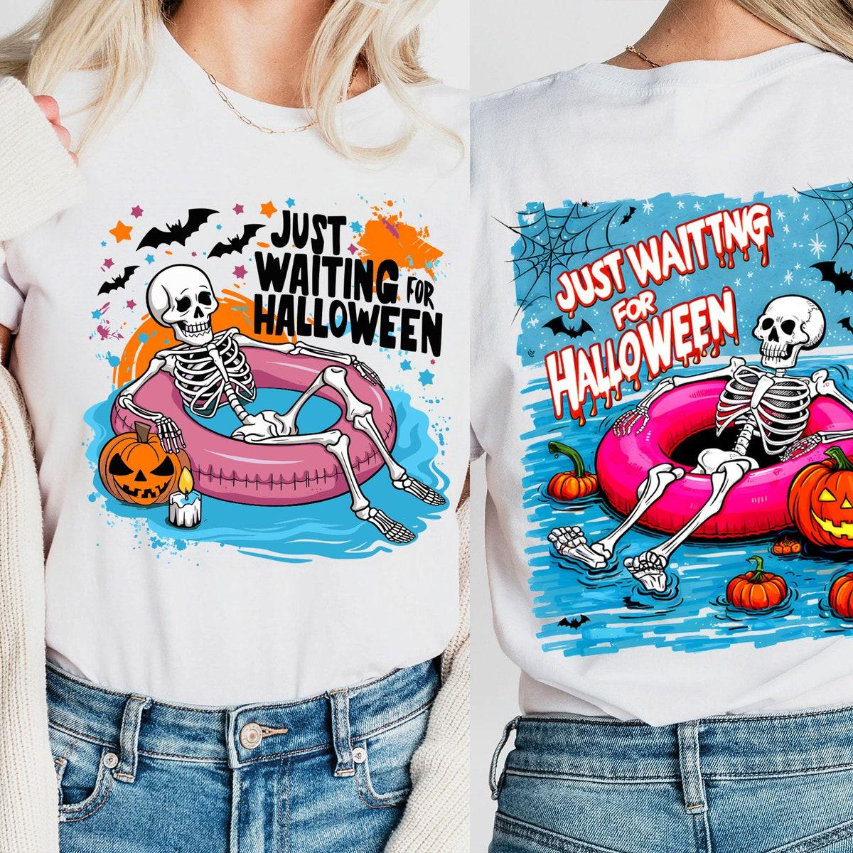 Just Waiting For Halloween Theme Skeleton Shirt 3