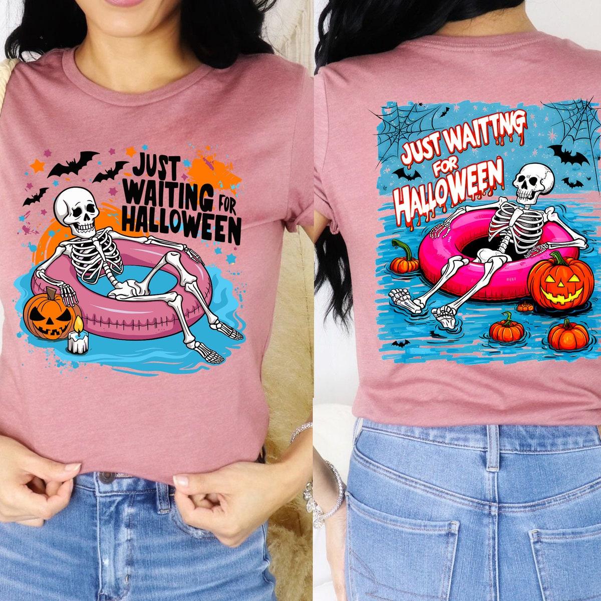 Just Waiting For Halloween Theme Skeleton Shirt 4