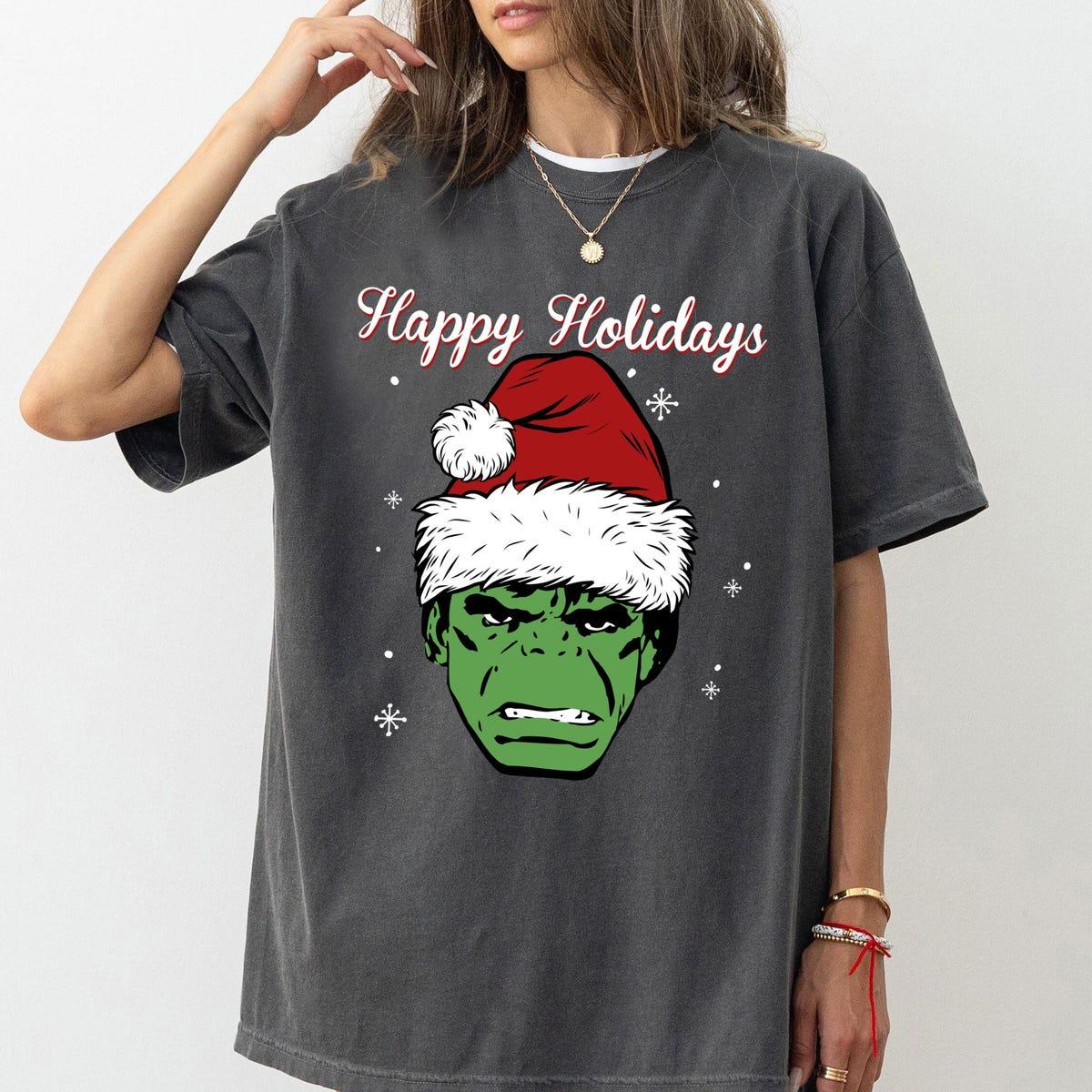 Marvel Hulk Santa Hat Happy Holidays Portrait Christmas Shirt 1