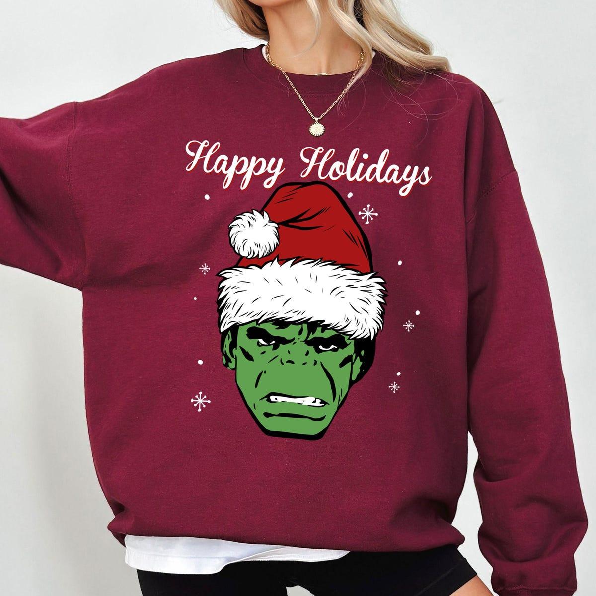 Marvel Hulk Santa Hat Happy Holidays Portrait Christmas Shirt 2