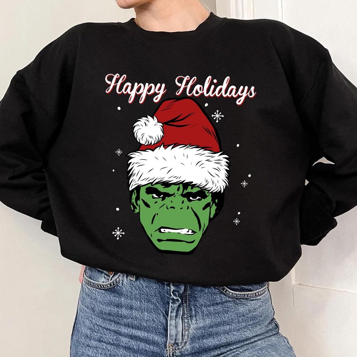 Marvel Hulk Santa Hat Happy Holidays Portrait Christmas Shirt 3