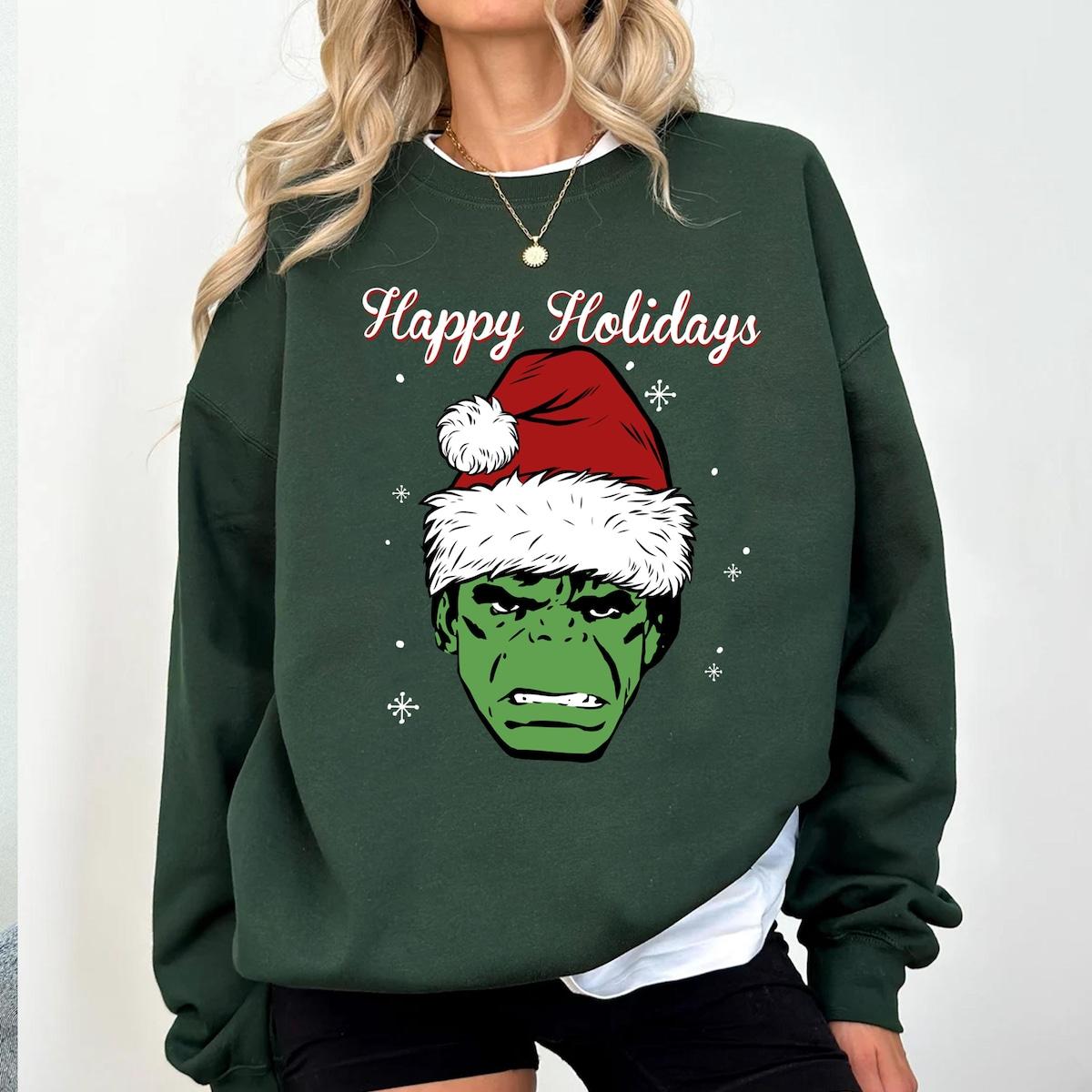 Marvel Hulk Santa Hat Happy Holidays Portrait Christmas Shirt 4