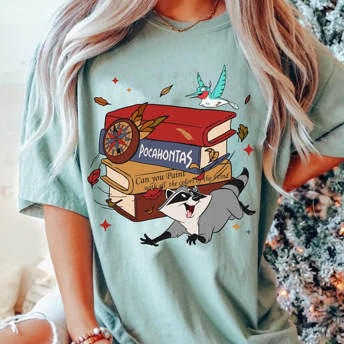 Meeko Raccoon And Flit With Books Pocahontas Shirt 5