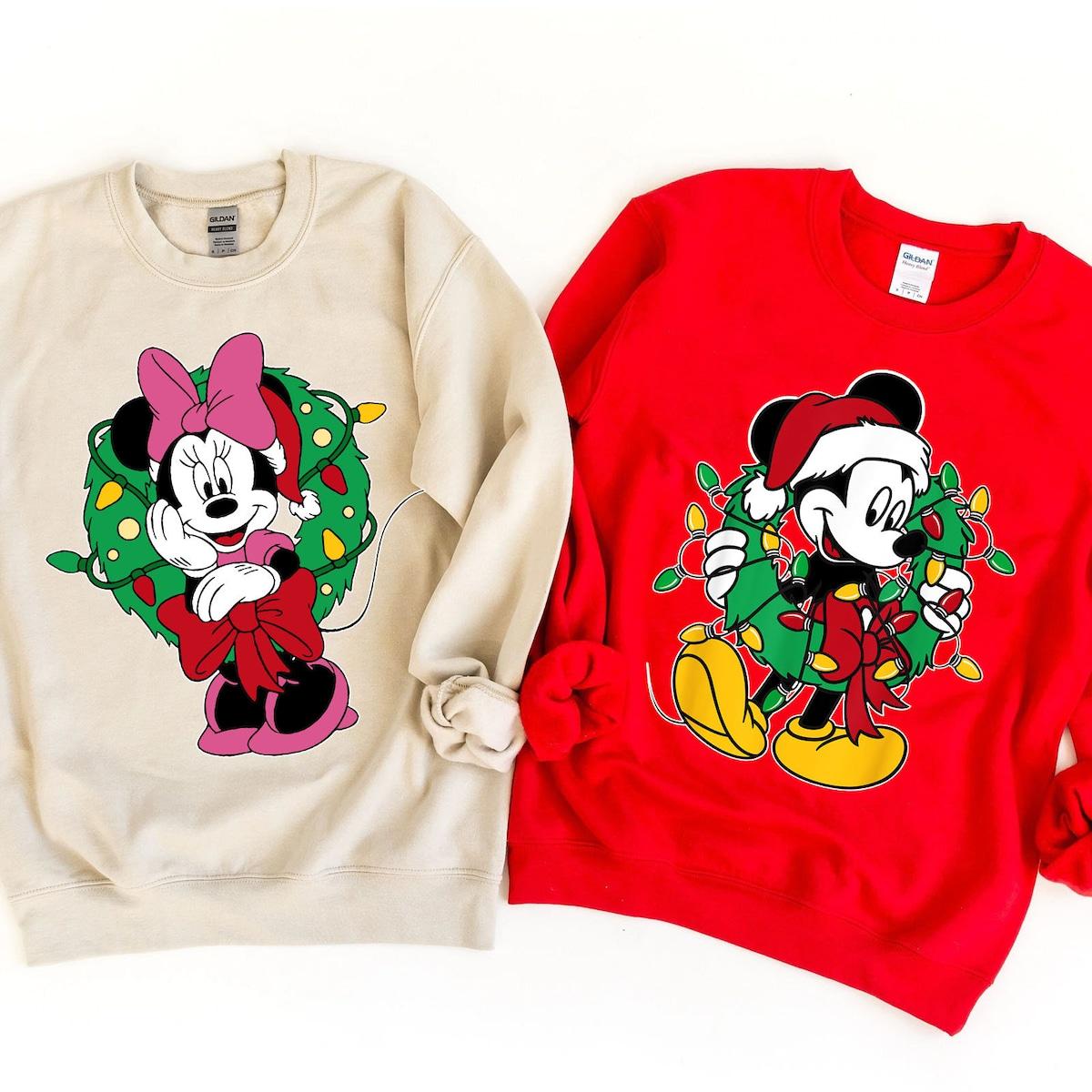 Mickey Minnie Mouse Christmas Wreath Light Shirt 2