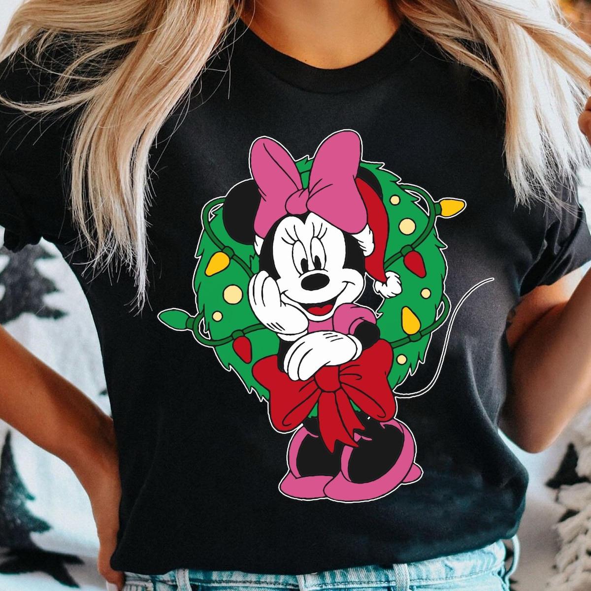 Mickey Minnie Mouse Christmas Wreath Light Shirt 4