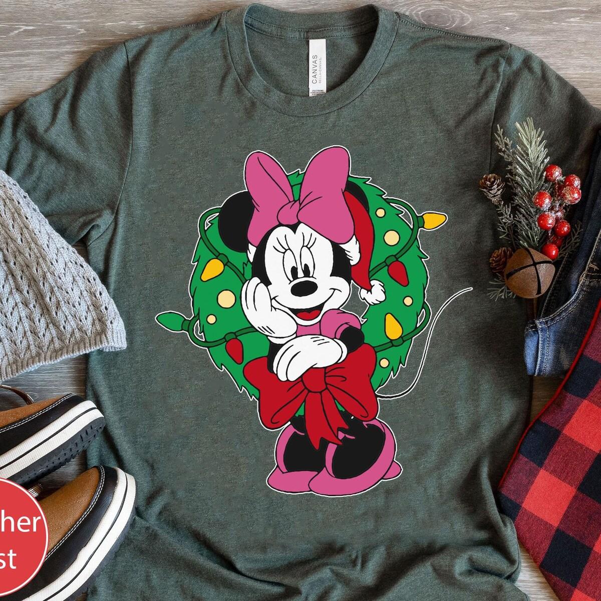 Mickey Minnie Mouse Christmas Wreath Light Shirt 6