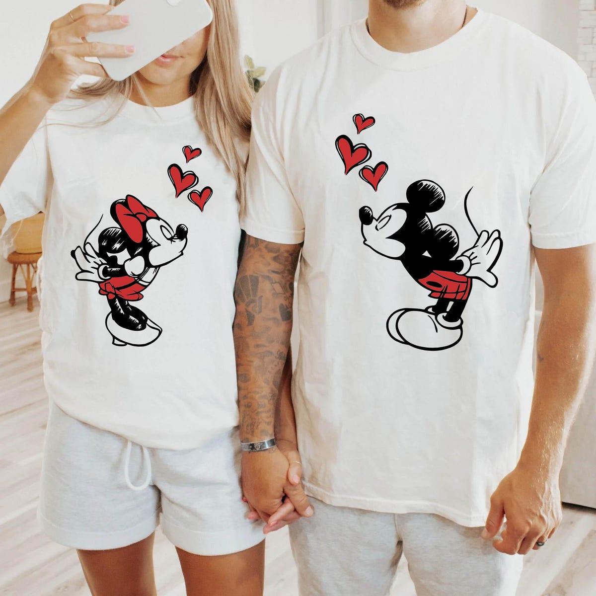 Mickey Minnie Mouse Kissing Sketch Art Vintage Disney Couple Matching Shirt 1