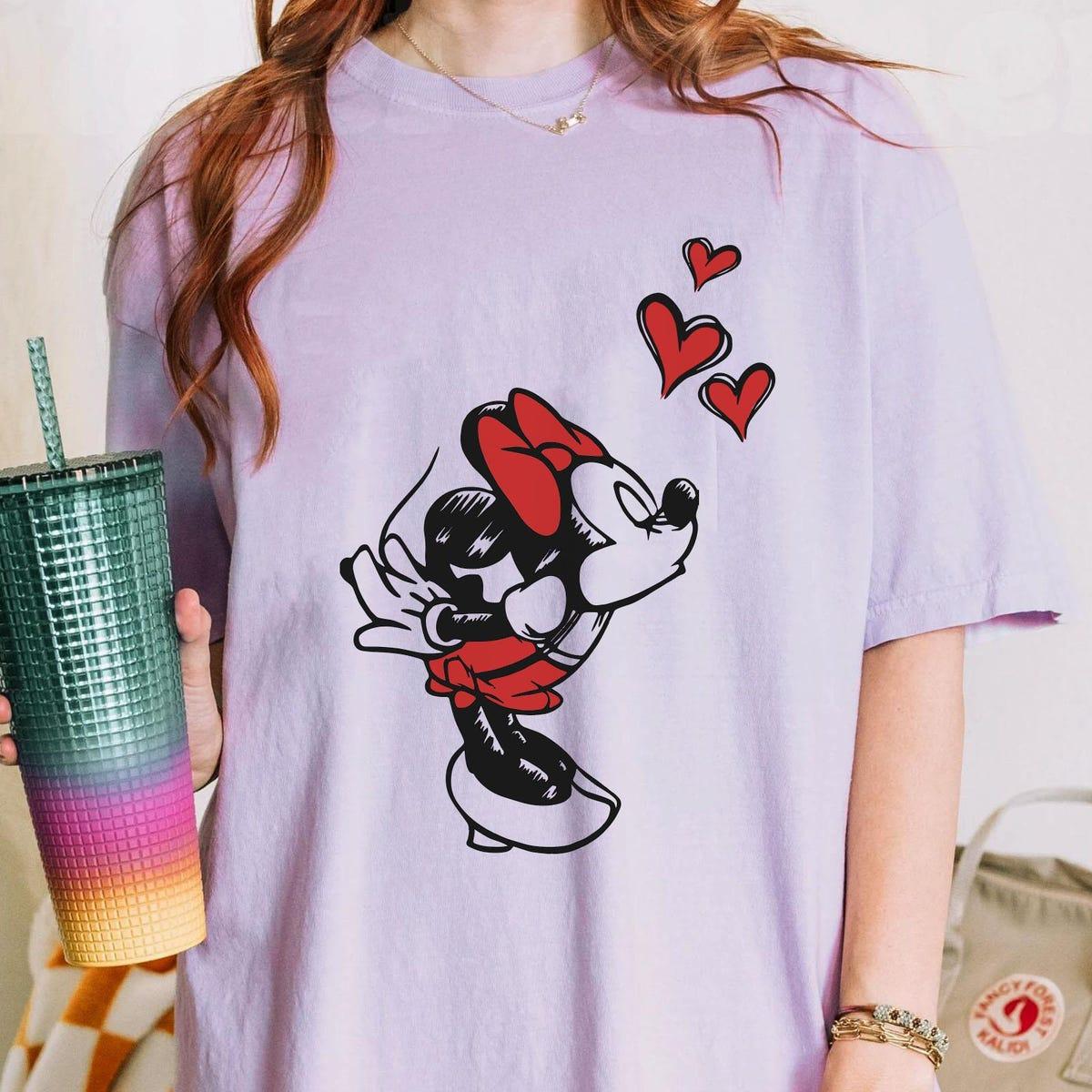 Mickey Minnie Mouse Kissing Sketch Art Vintage Disney Couple Matching Shirt 2