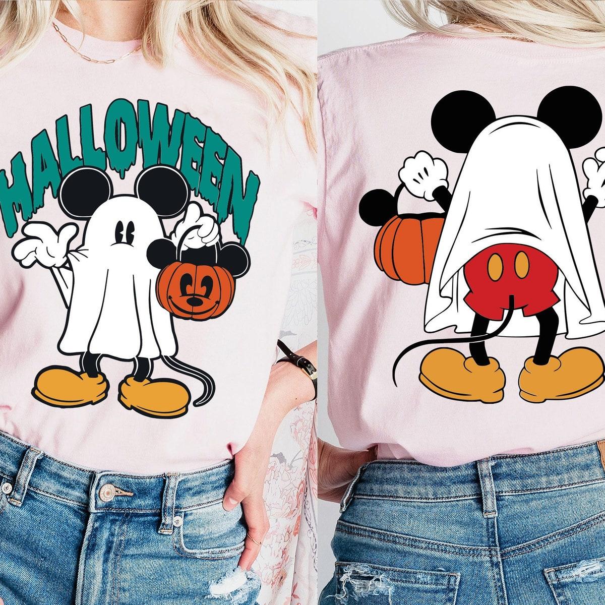 Mickey Mouse Halloween Trick Or Treat Mickey As Ghost With Pumpkin Bag Shirt 1