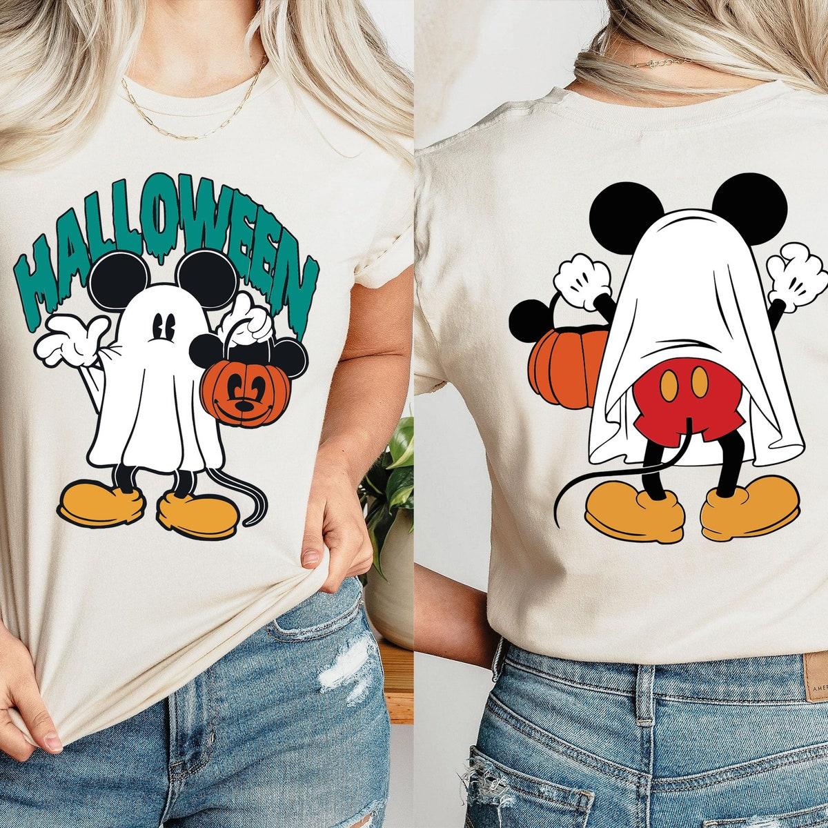 Mickey Mouse Halloween Trick Or Treat Mickey As Ghost With Pumpkin Bag Shirt 2