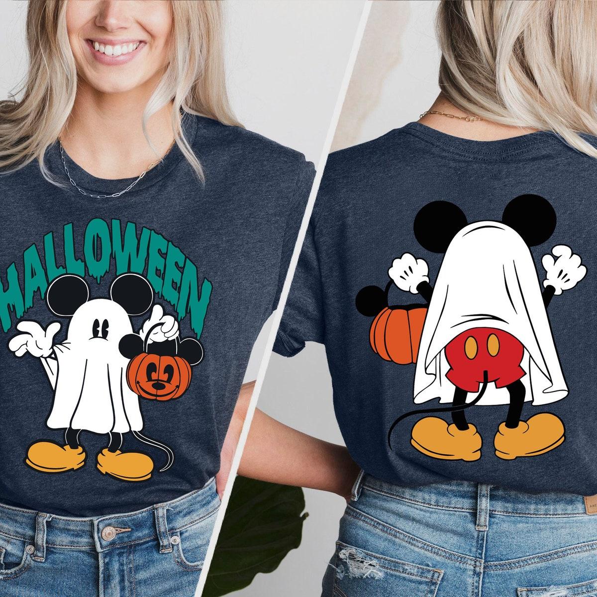 Mickey Mouse Halloween Trick Or Treat Mickey As Ghost With Pumpkin Bag Shirt 3