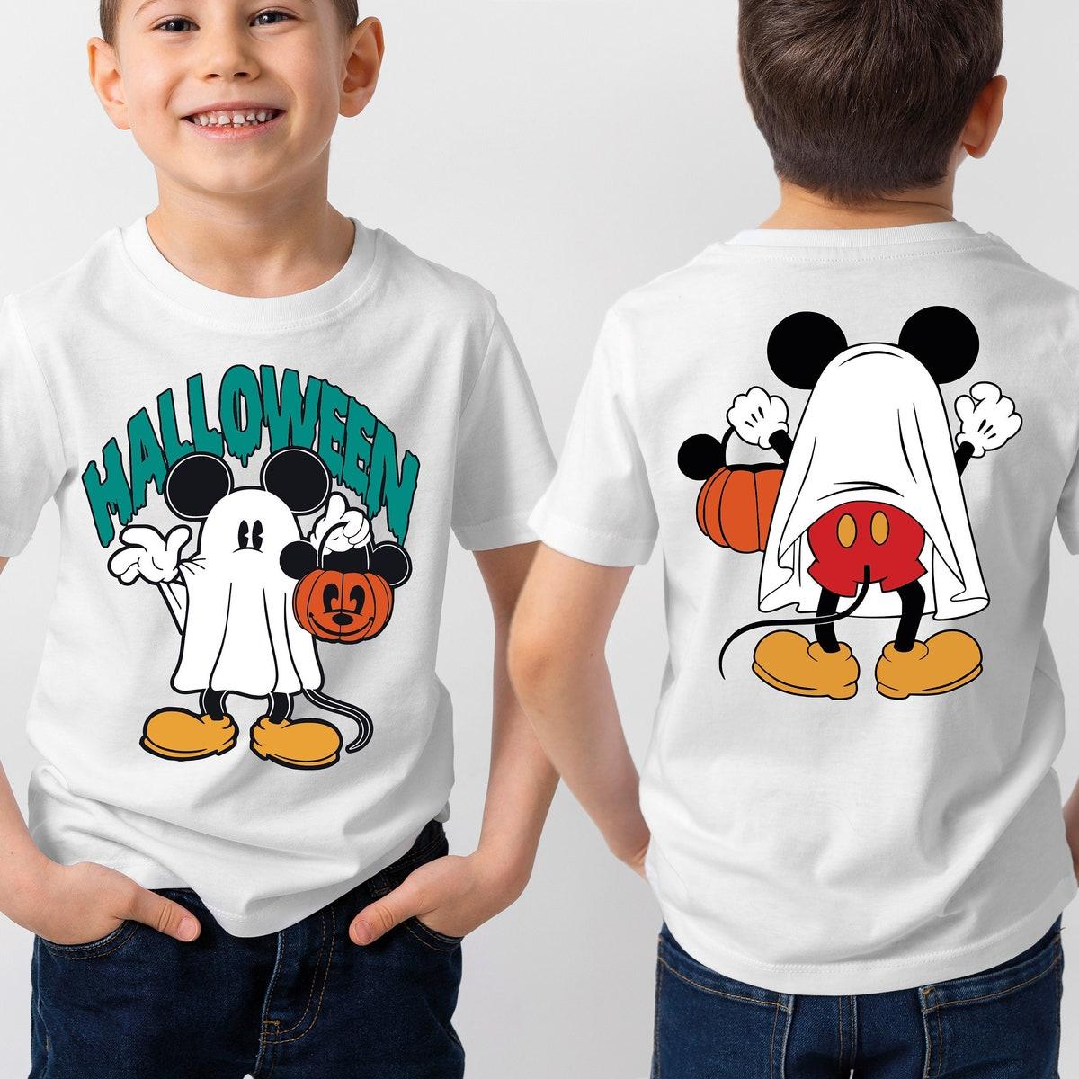 Mickey Mouse Trick Or Treat Mickey As Ghost With Pumpkin Bag Halloween Shirt 1