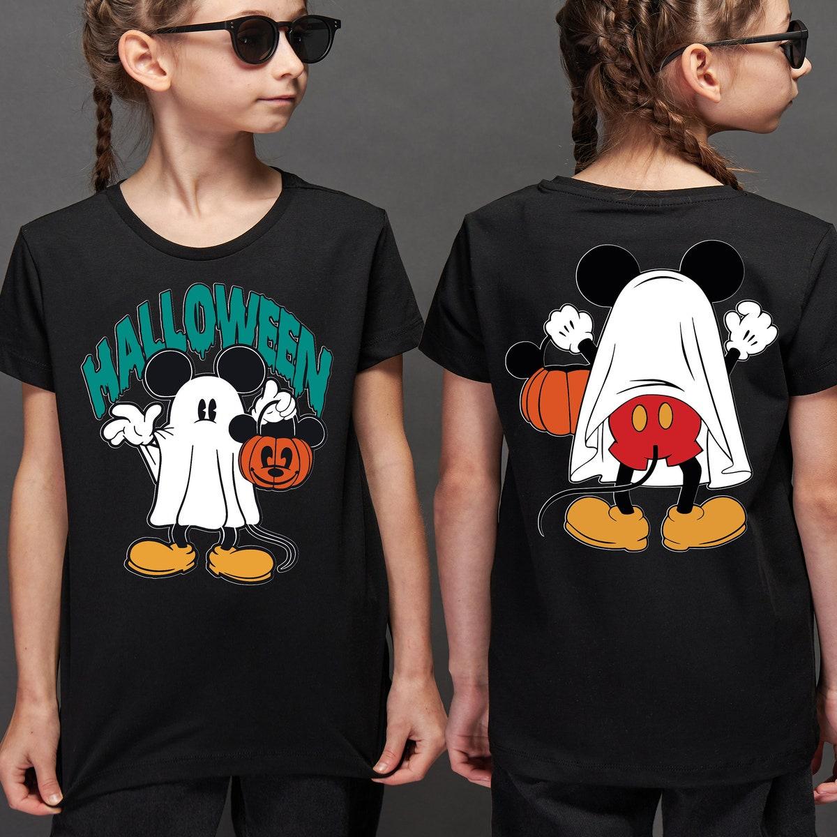 Mickey Mouse Trick Or Treat Mickey As Ghost With Pumpkin Bag Halloween Shirt 2