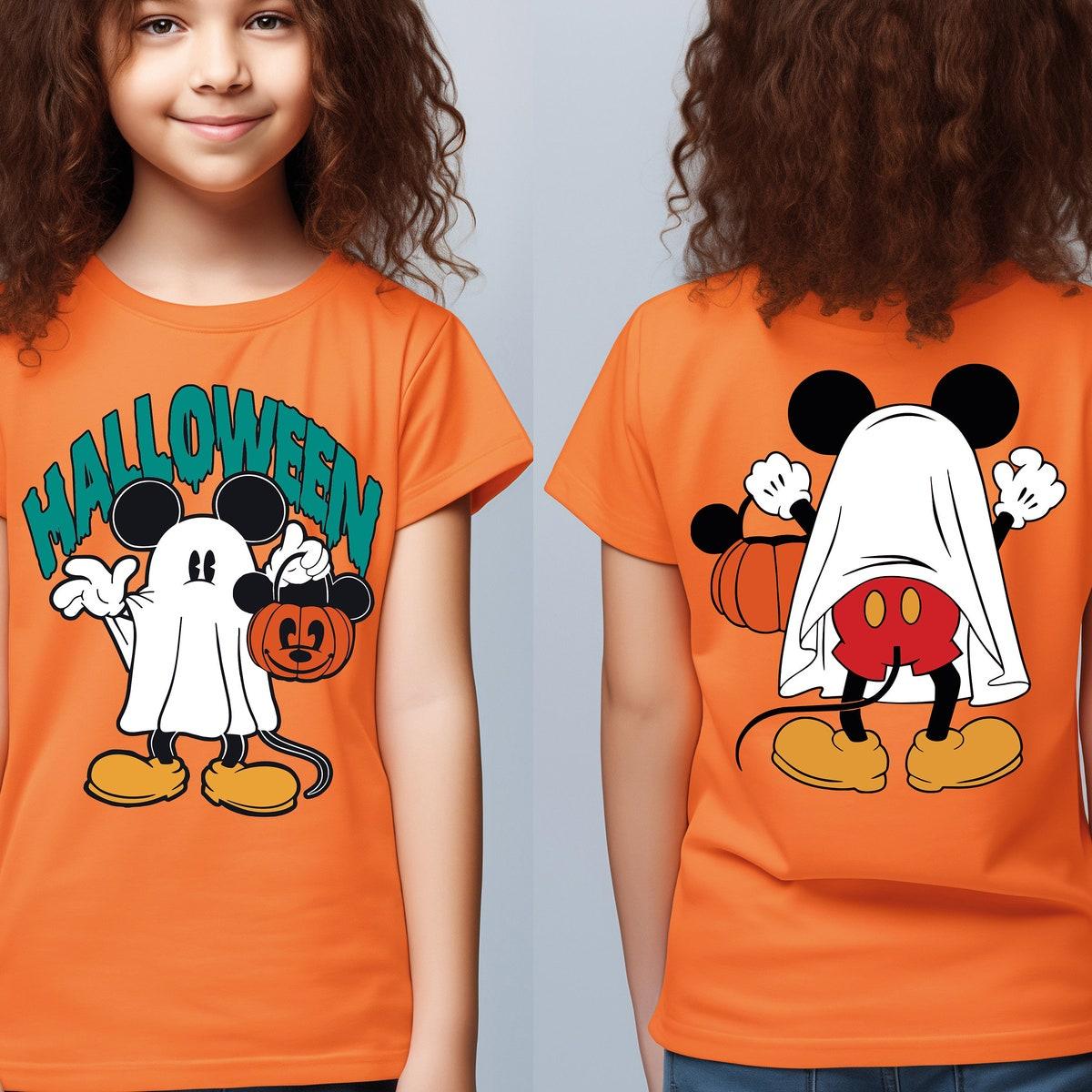 Mickey Mouse Trick Or Treat Mickey As Ghost With Pumpkin Bag Halloween Shirt 3